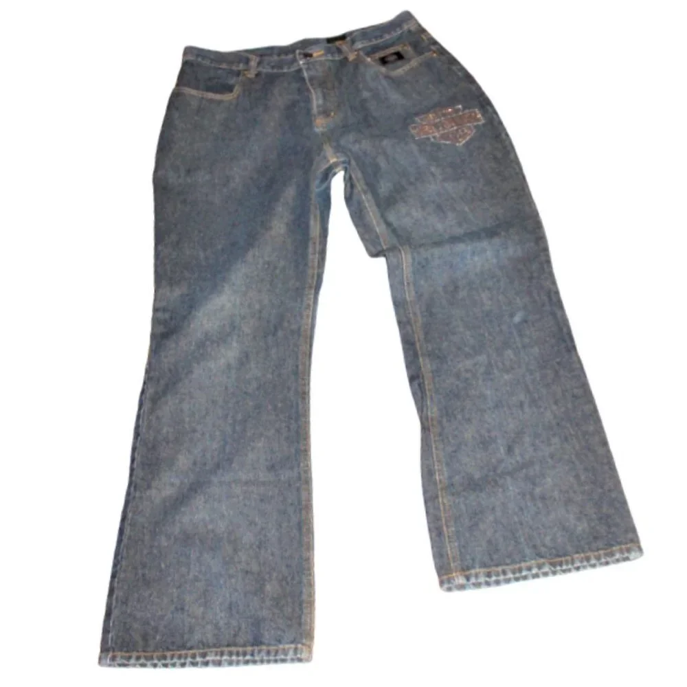 Harley Davidson Classic Blue Wash Logo Studded Boot/Flare Jeans, Size 12